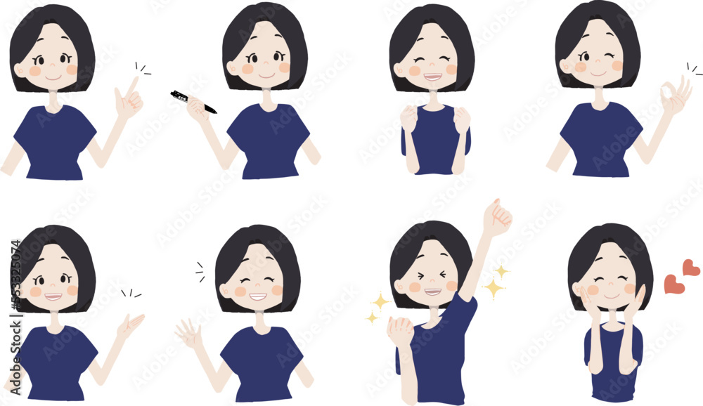 【おすすめ、ペン持ち、ガッツ、OK、どうぞ、手振る、美味しい】表情とポーズのバリエーションセット