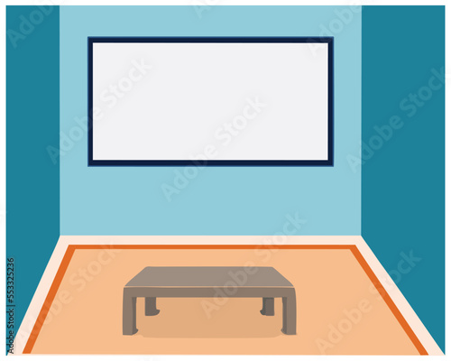 Classroom background with soft and calm blue walls. Against one wall is a large blackboard and a table on a soft and comfortable rug. Presents a comfortable feel in learning