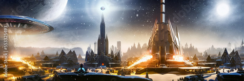 Spacebase Landscape, Ufo in the sky, Winter time, Scifi vibes
