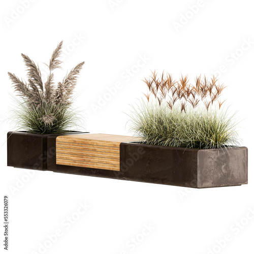 Bench With Flowerpot And Bushes For Outdoor Decor on a white background photo