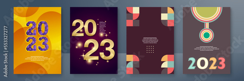 2023 Happy New Year poster background. Vector illustration with colorful numbers 2023 with trendy gradient. New Year holiday symbol template on gradient background.