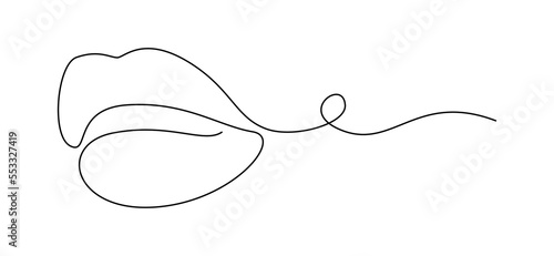 One continuous line drawing of mouth and lips. Concept symbol of woman makeup and lipstick in simple linear style. Mascot icon for posters, cards, banner, template, web. Doodle vector illustration