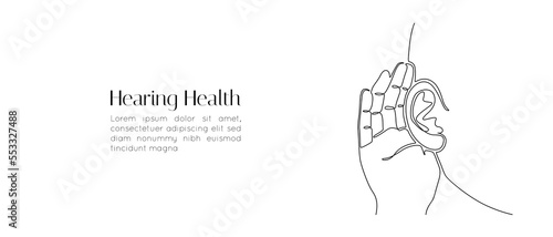 One continuous line drawing of human ear with hand. Icon Symbol of bad hearing health and sensory aid in simple linear style. Concept for world deaf day editable stroke. Doodle vector illustration photo