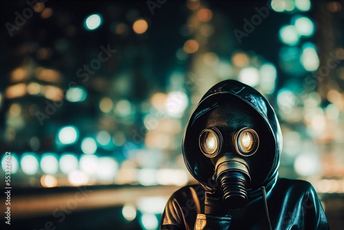 Figure wearing gas mask in city at night
