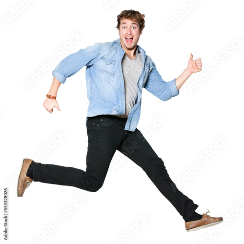 Jumping man happy excited. Funny portrait on young casual male model in humorous jump on isolated cutout PNG on transparent background.