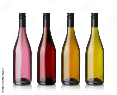 Rose, Red, and White wine bottles set, isolated on transparent background