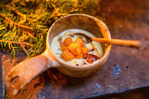 Lappish baked cheese with cloudberry jam photo