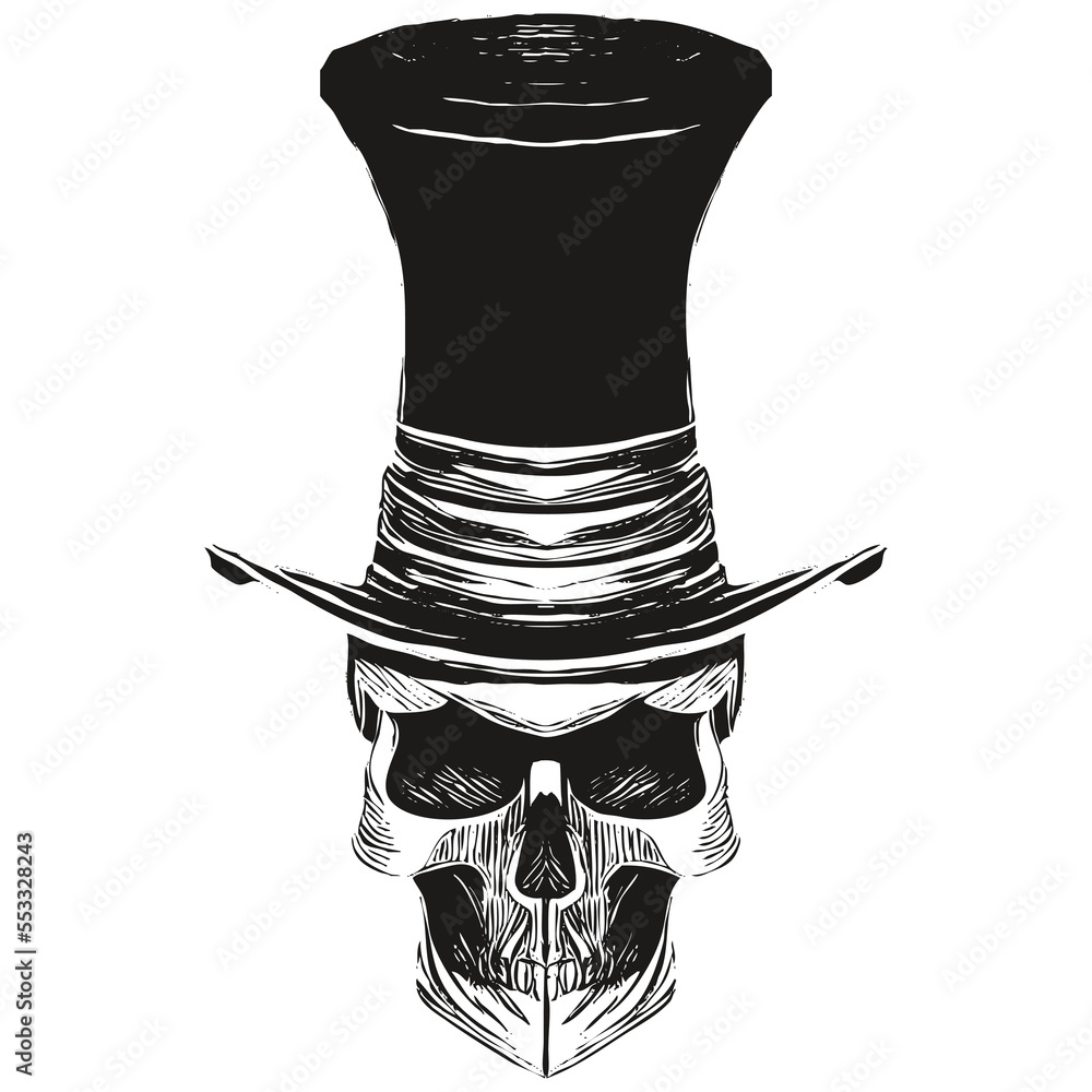 skull top hat picture vector hand drawn ,black and white clip art Stock