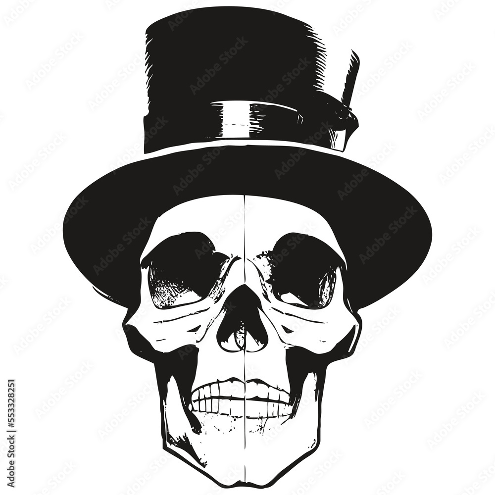 skull top hat tattoo vector hand drawn ,black and white clip art Stock