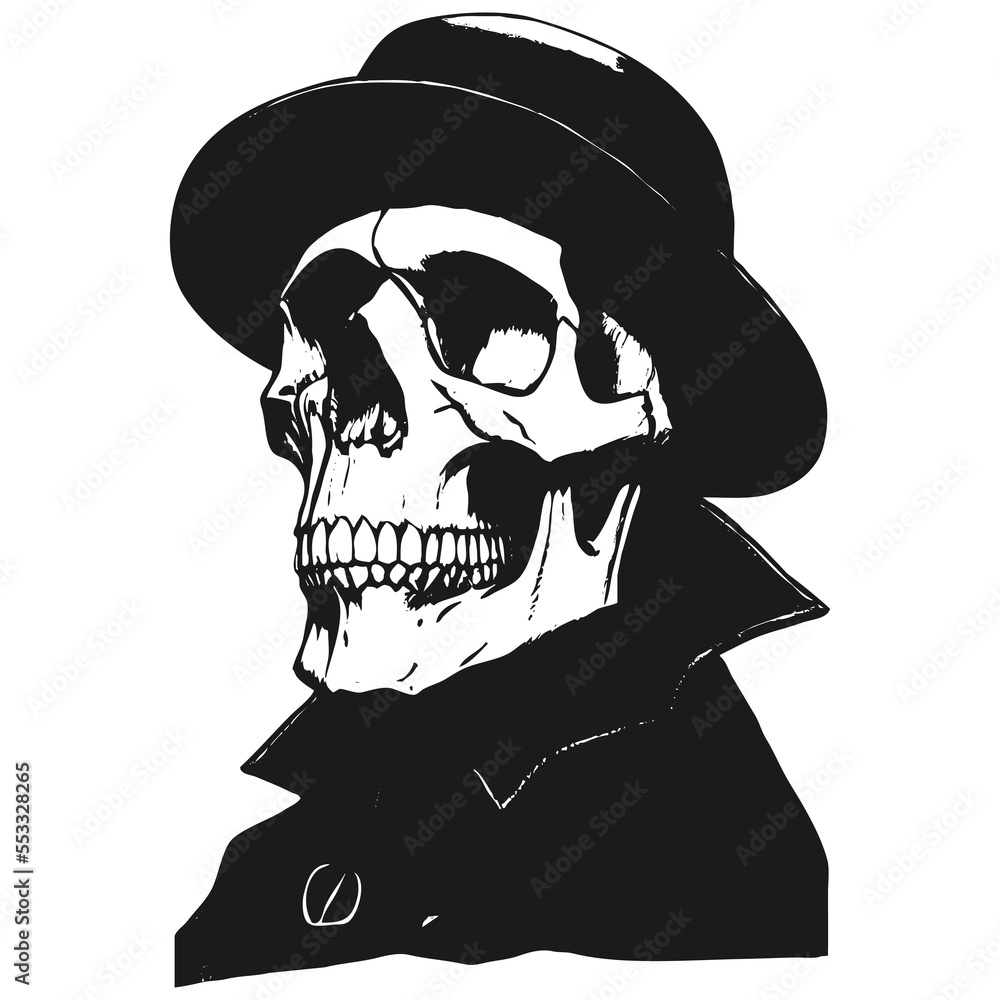 skull wearing hat vector hand drawn ,black and white clip art skull wearing hat vector hand drawn ,black and white clip art