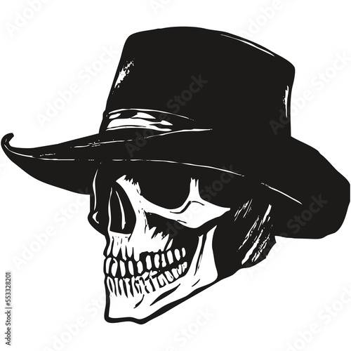 skull cowboy hat vector hand drawn ,black and white clip art