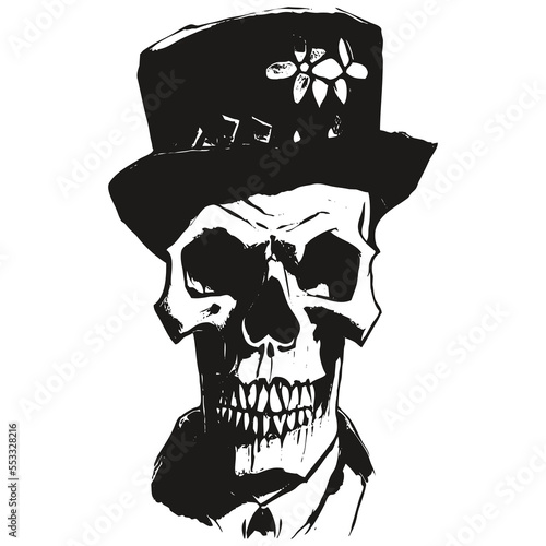 skull in cowboy hat vector hand drawn ,black and white clip art