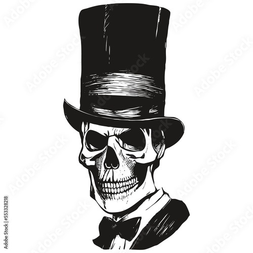 skull in top hat image vector hand drawn ,black and white clip art