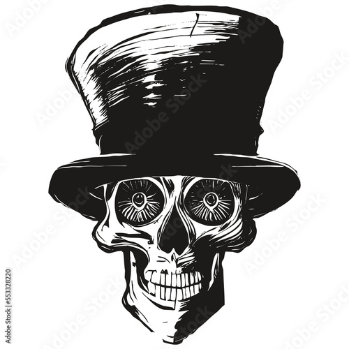 skull in top hat picture vector hand drawn ,black and white clip art