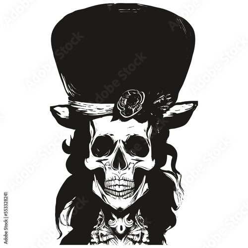 skull top hat image vector hand drawn ,black and white clip art