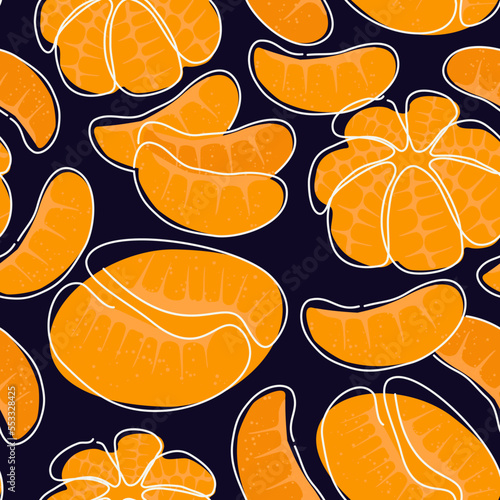 Peeled tangerine, mandarin, orange seamless pattern. Continuous single line citrus fruit and slices motif. One line hand drawn botanic print. Modern minimal doodle background