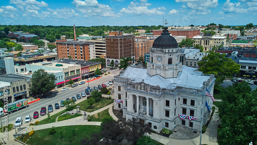 Aerial of downtown Courthouse in Bloomington Indiana with shops photo
