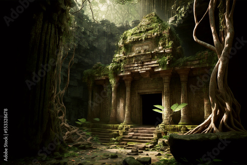Stampa su tela Generative AI illustration of ancient temple ruins in asian jungle