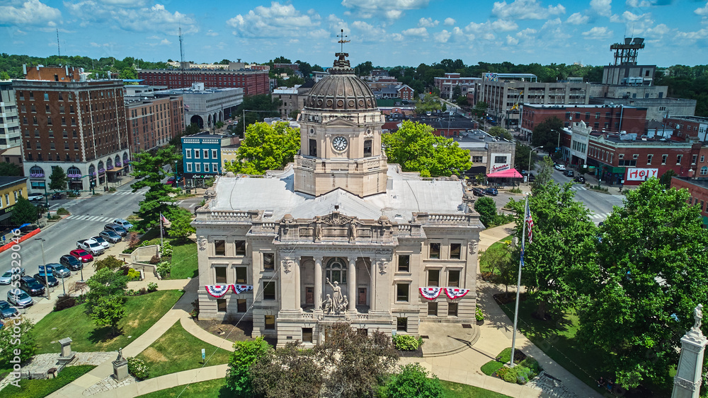 Exterior aerial of beautiful Bloomington Indiana Courthouse on Square