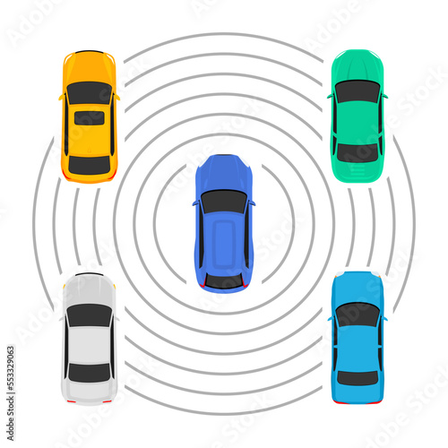 Autonomous car top view futuristic system guidance above. Autonomous car park smart assist icon.