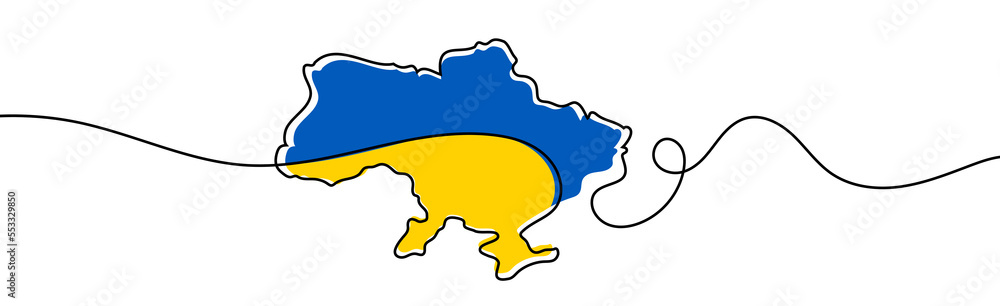 Obraz premium Linear map of Ukraine. One line vector illustration. Continuous country map. With Ukrainian flag colors