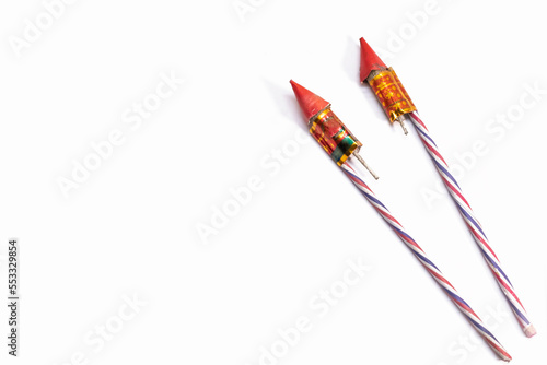 Indian festival Diwali firecrackers isolated on white background. Rocket Diwali items