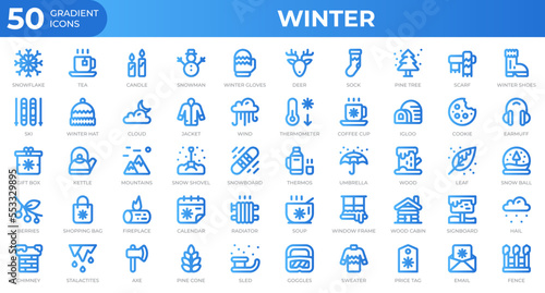 Winter icons in gradient style. Snowflake, tea, sweater. Gradient icons collection. Holiday symbol. Vector illustration