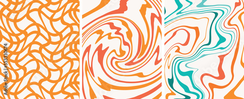 Abstract Swirl Retro Orange Yellow 70s Pattern Set of 3 Vector Psychedelic Illustration