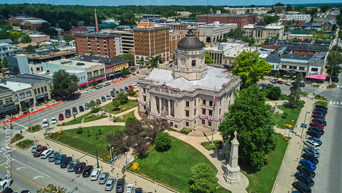 Bloomington Indiana aerial of stunning courthouse on the square