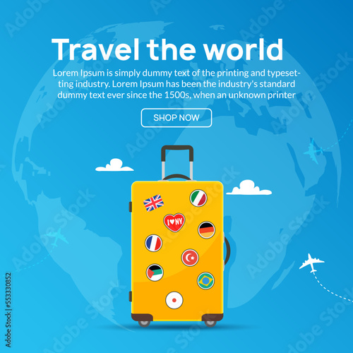 Travel tourism banner background. Luggage fun tour and bag, airplane travel design