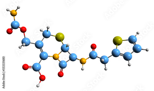  3D image of Cefoxitin skeletal formula - molecular chemical structure of  cephalosporin antibiotic isolated on white background photo