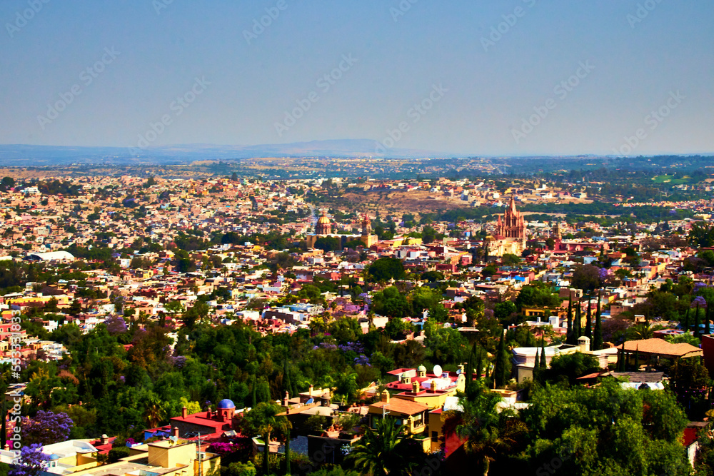 panorama of city in sunny day with big church in de cityscape, san miguel de allende guanajuato 