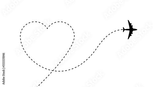 Airplane heart path route shape travel vector destination journey. Airplane heart route path