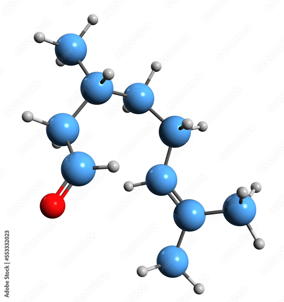 3D image of Citronellal skeletal formula - molecular chemical structure of monoterpenoid aldehyde rhodinal isolated on white background 3D image of Citronellal skeletal formula - molecular chemical structure of monoterpenoid aldehyde rhodinal isolated on white background