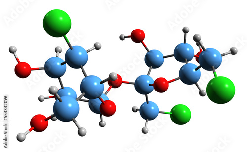  3D image of Sucralose skeletal formula - molecular chemical structure of artificial sweetener isolated on white background 