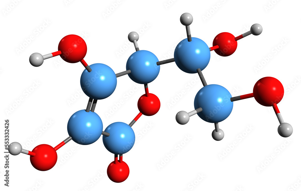 3D image of Erythorbic acid skeletal formula - molecular chemical structure of isoascorbic acid isolated on white background
3D image of Erythorbic acid skeletal formula - molecular chemical structure of isoascorbic acid isolated on white background