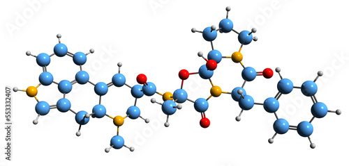  3D image of Ergotamine skeletal formula - molecular chemical structure of  ergopeptine isolated on white background photo