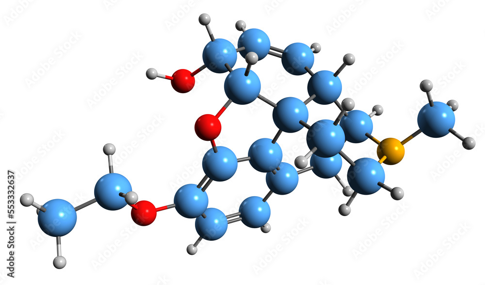 3D image of Ethylmorphine skeletal formula - molecular chemical structure of codethyline isolated on white background 3D image of Ethylmorphine skeletal formula - molecular chemical structure of codethyline isolated on white background