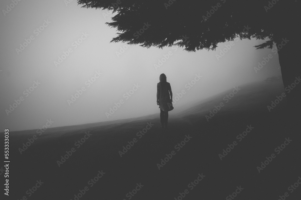 silhouettes of a woman walking in the foggy forest, a big tree reaching over the woman
