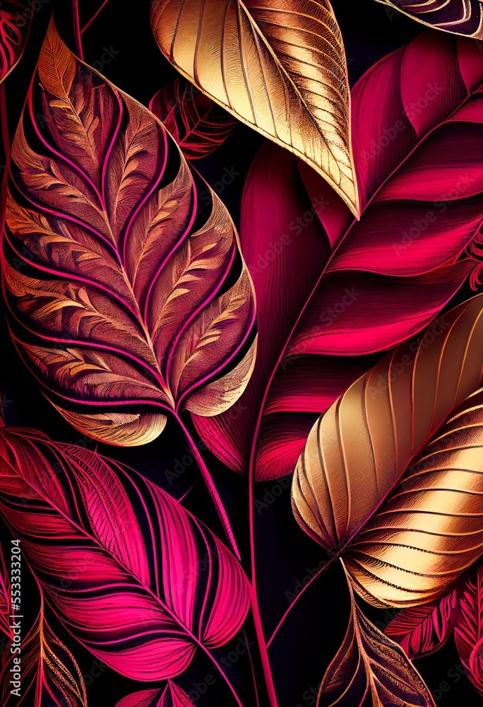 Floral gold magenta abstract background. Decorative tree leaves, fuchsia pink and golden shiny texture. Vertical Floral gold magenta abstract pattern. Floral gold magenta abstract background. Decorative tree leaves, fuchsia pink and golden shiny texture. Vertical Floral gold magenta abstract pattern.
