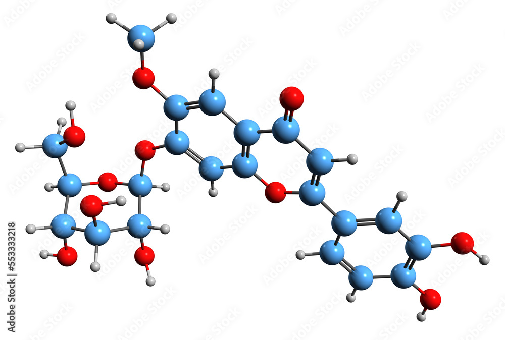  3D image of Nepitrin skeletal formula - molecular chemical structure of plantain phytochemical isolated on white background
