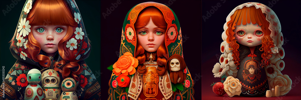 Russian dolls illustration on black background with butterflies, cute faces, collection