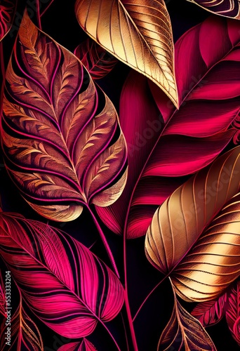 Floral gold magenta abstract background. Decorative tree leaves  fuchsia pink and golden shiny texture. Vertical Floral gold magenta abstract pattern.