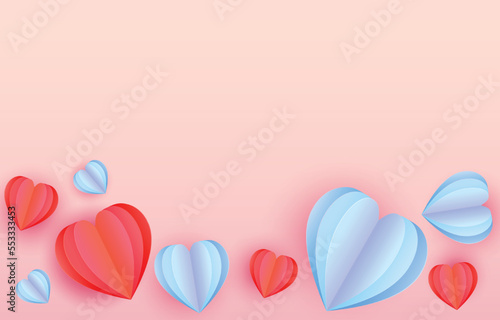 Red and blue Paper cut elements in shape of heart. flying on empty pink and sweet background. Vector symbols of love for Happy Valentine's Day, birthday greeting card design.