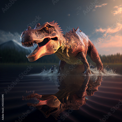 big prehistoric tyrannosaurus dinosaur walks on water, generative AI © Paulina