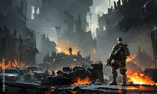 Soldier sci-fi fantasy illustration conceptual dystopian style scene futuristic artwork
fictional digital painting textured background generative AI art photo