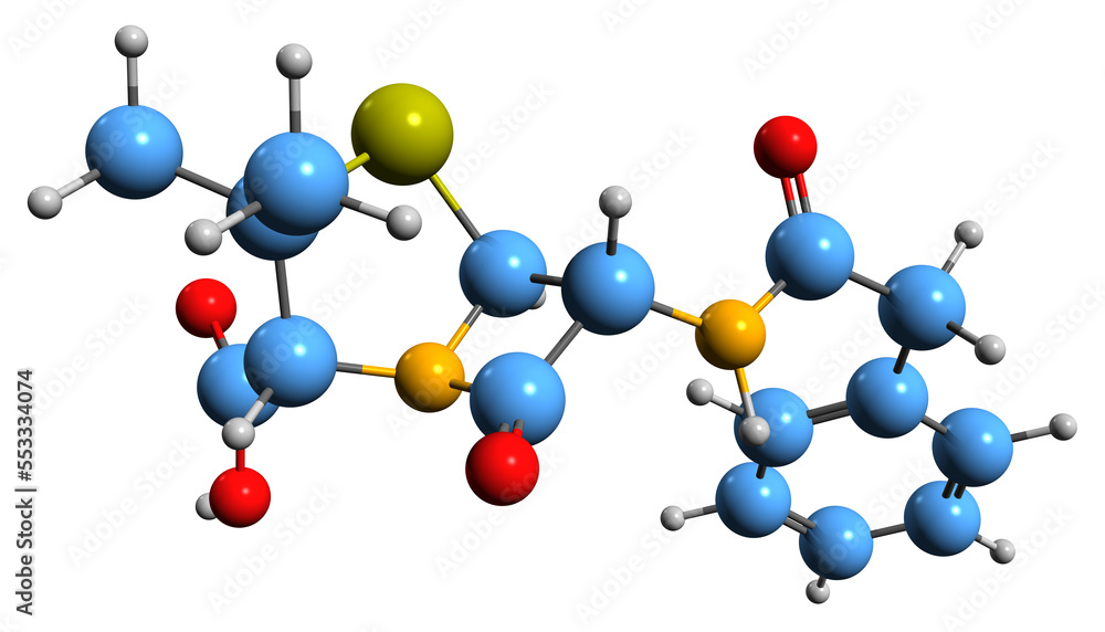  3D image of Penicillin skeletal formula - molecular chemical structure of beta-lactam antibiotic isolated on white background
 - obrazy, fototapety, plakaty 