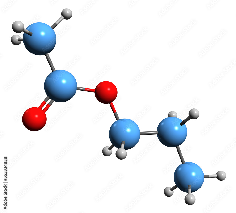 3D image of Propyl acetate skeletal formula - molecular chemical structure of solvent Propyl ethanoate isolated on white background 3D image of Propyl acetate skeletal formula - molecular chemical structure of solvent Propyl ethanoate isolated on white background