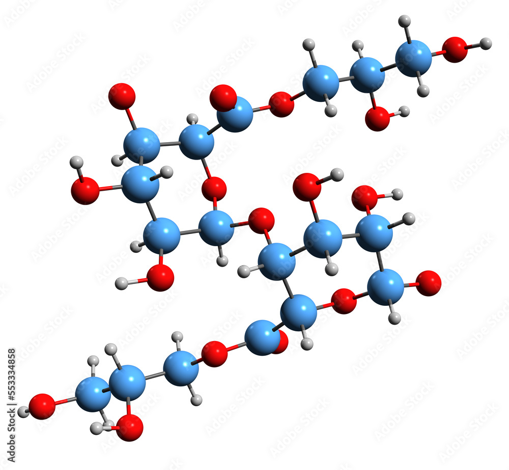 3D image of Propylene glycol alginate skeletal formula - molecular chemical structure of Propane diol alginate isolated on white background
3D image of Propylene glycol alginate skeletal formula - molecular chemical structure of Propane diol alginate isolated on white background