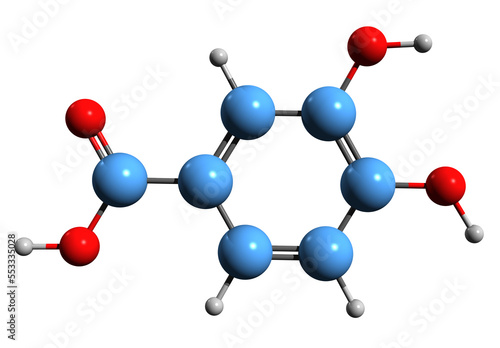  3D image of Protocatechuic acid skeletal formula - molecular chemical structure of Dihydroxybenzoic acid isolated on white background photo